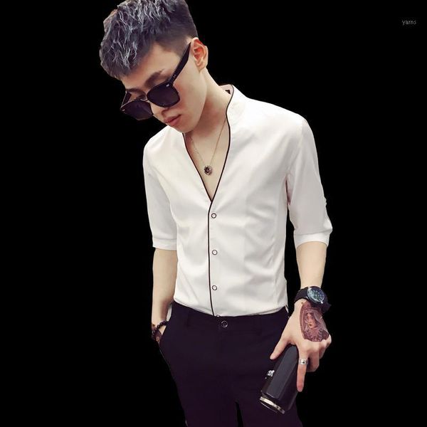 

hair stylist shirt male 2020 summer new england slim fit seven-point sleeve nightclub personality floral inch shirt thin1, White;black