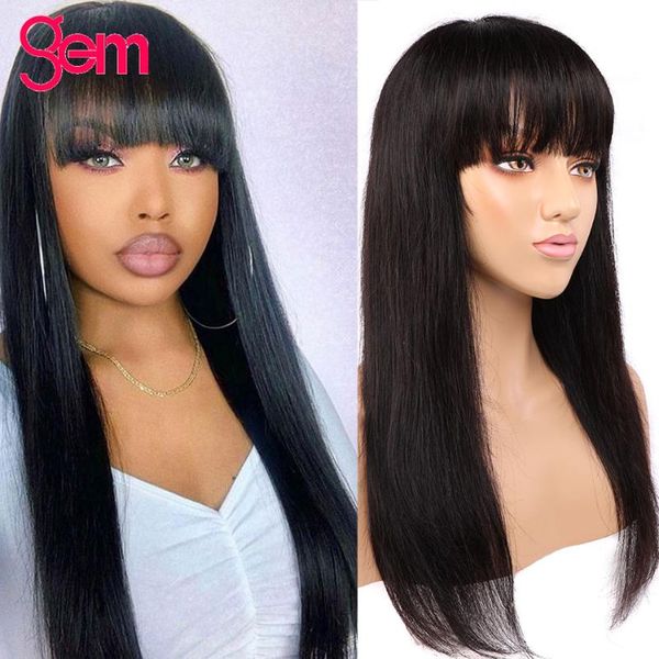 

straight human hair wig with bangs brazilian straight full machine made wig no lace front human hair remy natural color, Black;brown