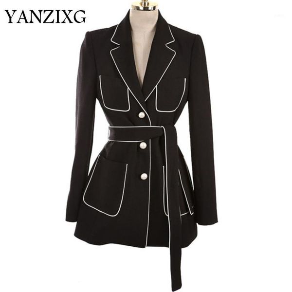 

2019 spring new coat notched collar full sleeve sashes empire tunic waist color spliced ladies fashion blazer z3791, White;black