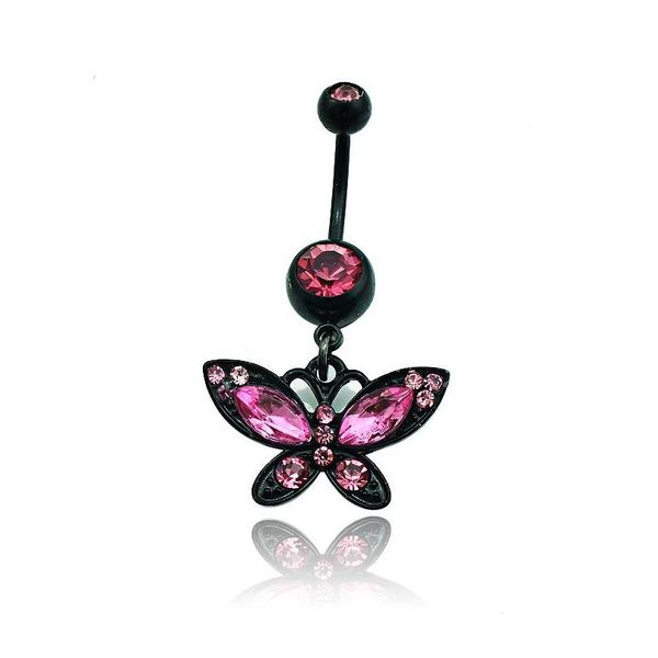 Anelli per ombelico moda Strass rosa Farfalla nera Acciaio inossidabile 316L Gioielli sexy per piercing all'ombelico Qnb5P