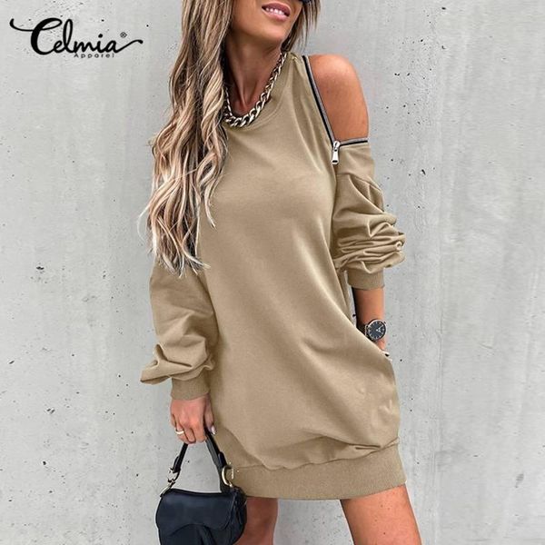 

celmia woomen long sweatshirt pullover dress 2021 autumn zipper backless mini dresses casual solid pockets party vestidos, Black;gray