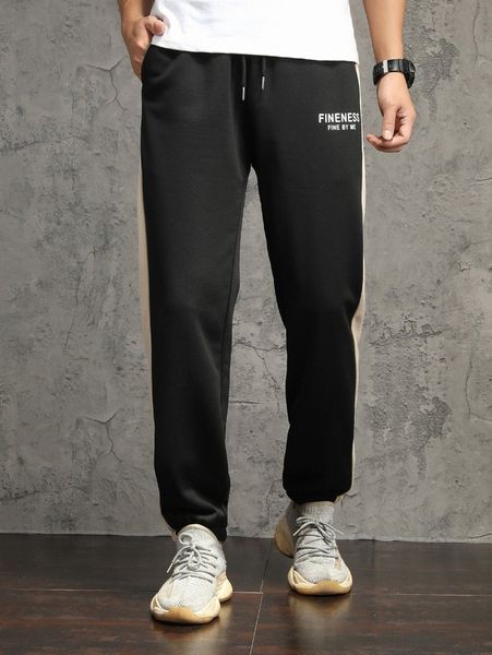 

men slogan graphic contrast side seam sweatpants p0pj#, Black