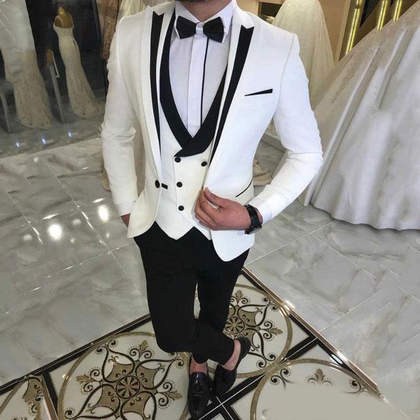 

2020 classy white three pieces mens suits peaked lapel wedding grooms tuxedos slim fit formal blazer one button prom suit with jacket vest, Black;gray