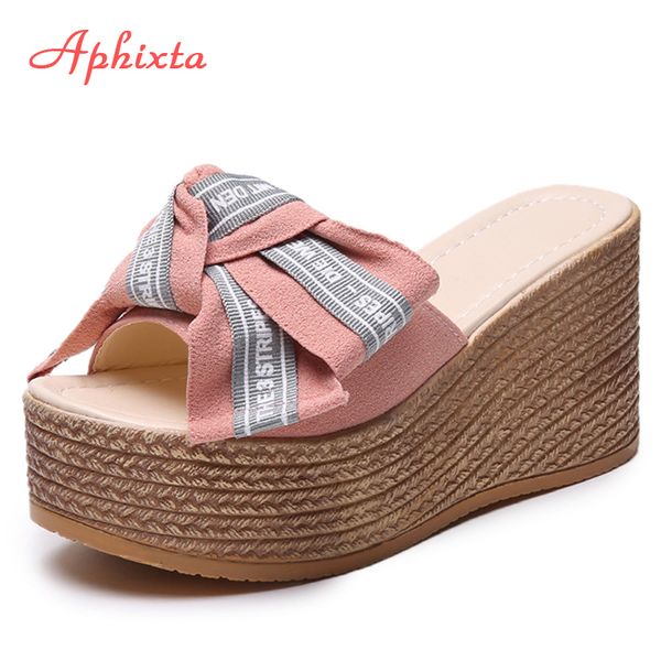 

aphixta platform wedge slippers women outside shoes clog riband butterfly-knot sandals girls flip flop slides pantoufle femme x1020, Black