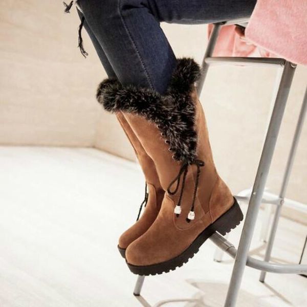 

boots women mid-calf mid heels shoes woman booties winter snow warm lace up shoe chaussures femme zapatos mujer sapato nh295, Black