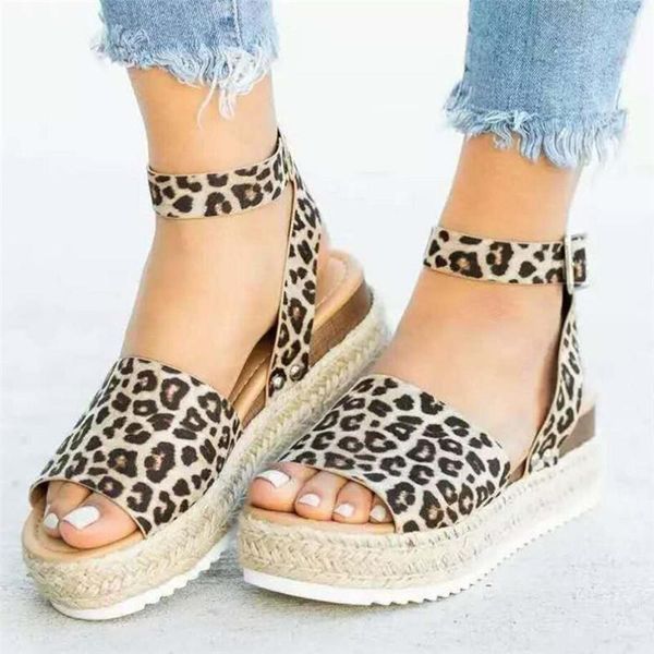 

sandals women platform 2021 summer leopard wedge ladies beach party buckle plus size high heel female shoes large, Black