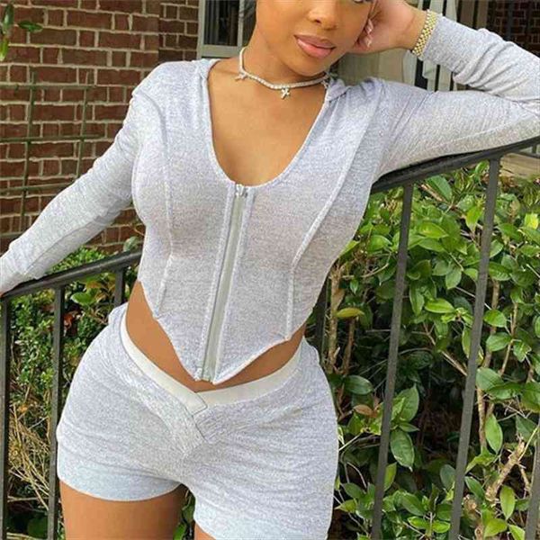 

women knitted 2 piece set long sleeve v-neck hooded zip up t-shirt high waist shorts pants pullovers streetwear, White