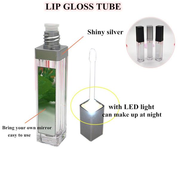 

7ml square lipgloss tube silver lip glaze трубка с зеркалом акриловая lip glazz бутылки со светодиодной подсветкой упаковка bulk оптовая кпт