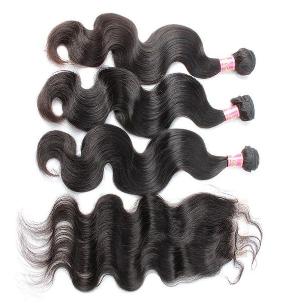 

bella hair lace closure with bundles brazilian lace closure(4*4) with 3 bundles natural color body wave 100% human hair weft bella hair, Black