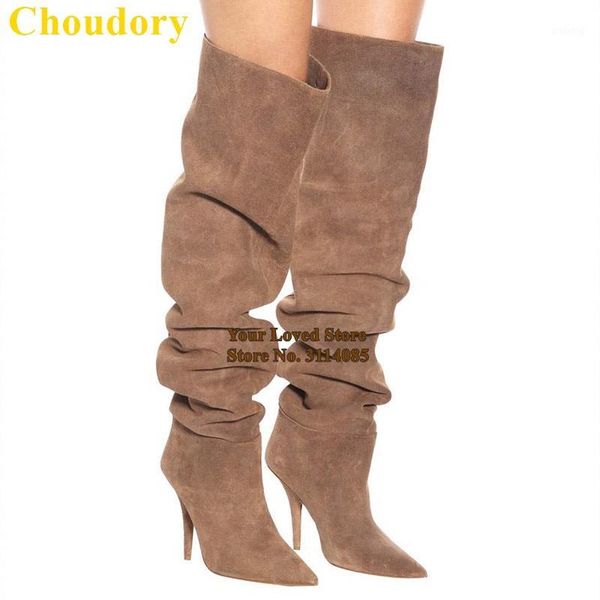 

boots choudory factory real po coffee suede long stiletto heels pleated pointed toe thigh over the knee dress shoes1, Black