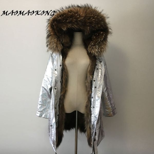 

long winter jacket women outwear thick parkas raccoon natural real fur collar coat hooded warm genuine raccoon fur liner 201029, Black