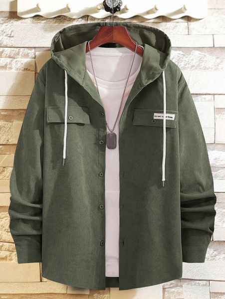 

men corduroy letter patched drawstring hooded coat 92wm#, Black;brown