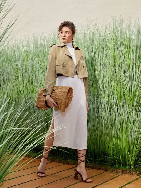 

solid double breasted crop trench coat a31e#, Tan;black