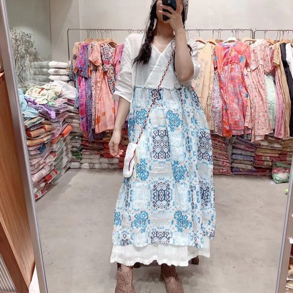 

fpwfb skirt print contrast da7fy dress dresslong skirt dress 2020 summer loose v-neck short sleeve ramie length mid stitching, Black;gray