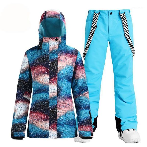 

skiing jackets fashion brand women's snow suit wear outdoor sports costumes waterproof snowboard clothing sets jacket + strap pant girl