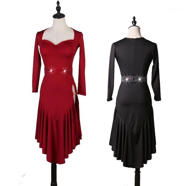 

latin dance dress women rumba salsa cha cha ballroom practice wear high splitting tango samba performance clothes dc44131, Black;red