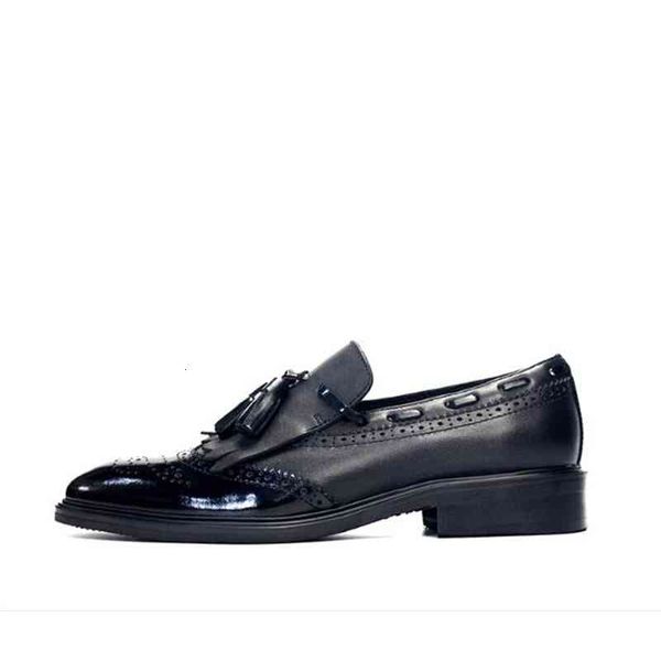 

fringe handmade tassel loafers flat cow leather slip on men carved brogue shoes, Black