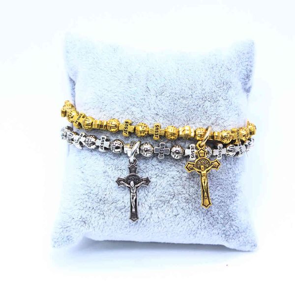 

braccialetti del rosario con perline rotonde incrociate in lega gioielli a mano con croce religiosa cristiana, Black