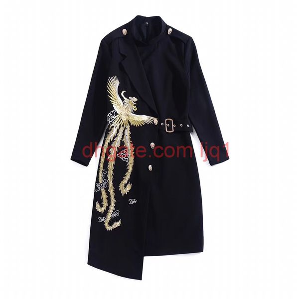 

european and american women's clothing 2019 winter new style long sleeve lapel phoenix embroidery fashion irregular dress, Black;gray