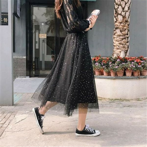

2019 spring autumn womens ladies high waist solid color pleated mesh bling long maxi skirt tulle prom sweet style skirts