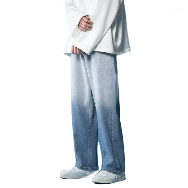 

autumn winter tapered straight jeans men men's korean fashion loose wide leg gradient printing casual long denim pants1, Blue