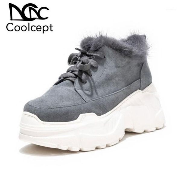 

boots coolcept women warm ankle fashion cross strap platform shoes height increasing winter plush fur footwear size 34-391, Black