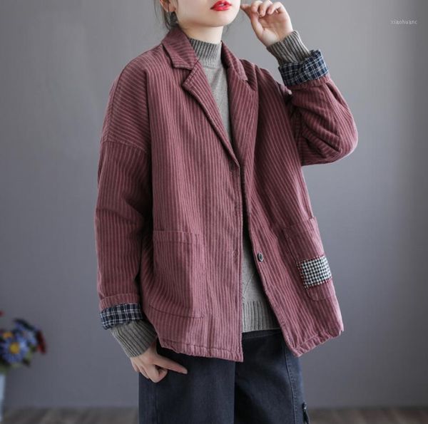 

autumn winter corduroy retro suit coat women thick solid color patchwork loose single breasted jackets office lady wild1, Black;brown