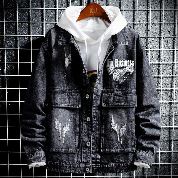 

spring autumn men's denim jacket embroidery decor printed single breasted single breasted breathable male new coat, Black;brown
