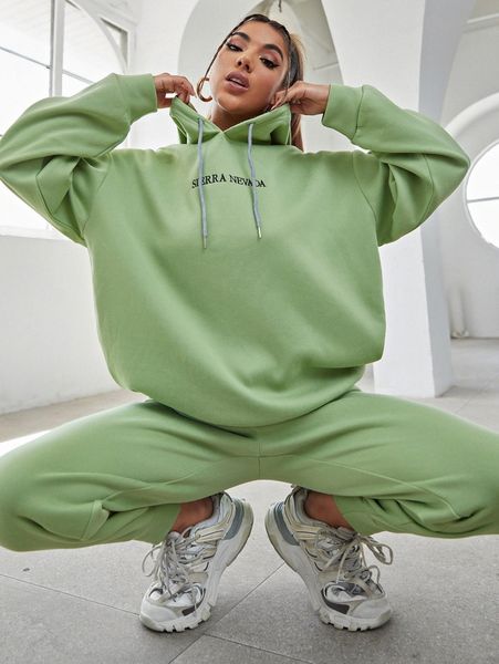 

letter embroidery drop shoulder hoodie & sweatpants h055#, White