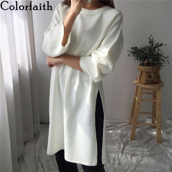 

colorfaith new autumn winter women sweaters pullovers split fashionable elegant casual oversize knitting long sw2940 201224, White;black