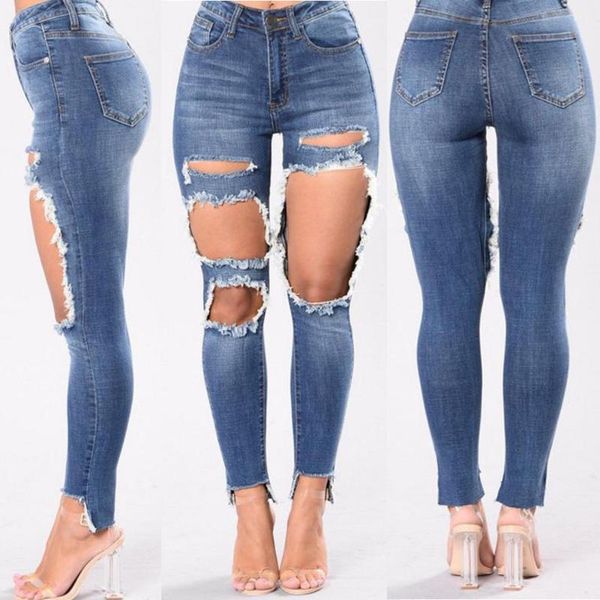 

ripped big holes jeans for women skinny slim pencil denim pants distressed hollow-out femme broken trousers street wear cool, Blue