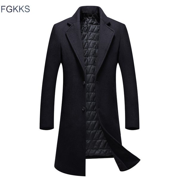 

fgkks men winter wool coat men's new fashion solid color warm thick wool blends woolen pea coat male trench coat overcoat 201102, Black