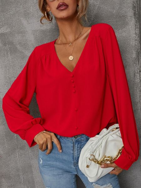 

solid bishop sleeve v neck blouse f7mh#, White