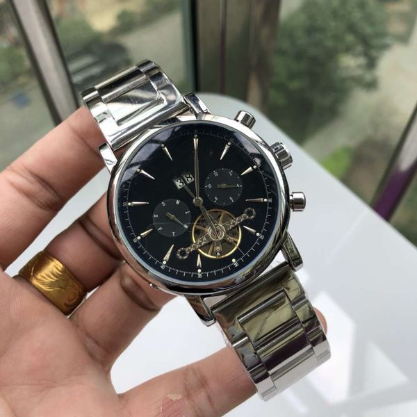 

2020 men's 5-pin mechanical large flywheel steel belt calendar watch belt steel belt watch, Slivery;brown