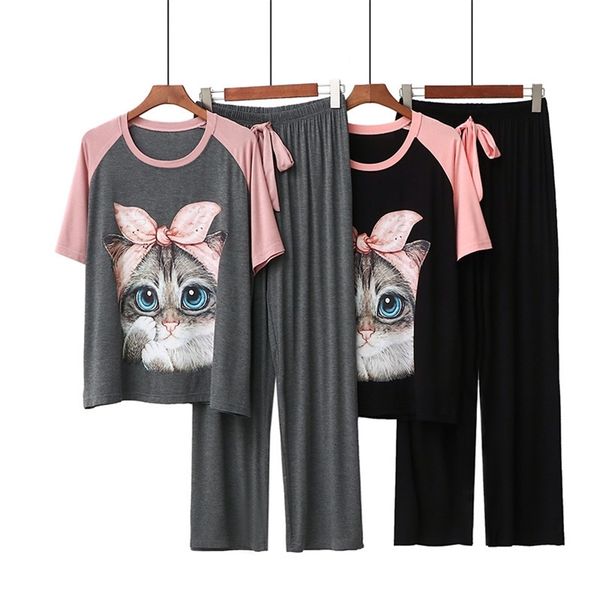 

kawaii casual cartoon print women's 2 piece set modal homewear loose cute atoff home cloth suit female pajamas set sleepwear y200708, Black;red