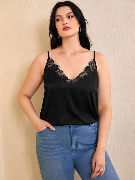 

plus lace trim cami t6rh#, Black