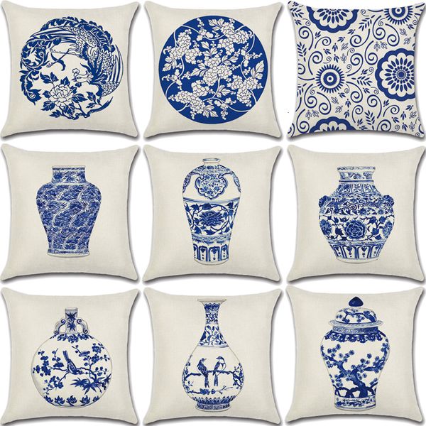 

blue porcelain pillow decorative decor cotton linen 45*45 cushion cover sofa pillowcase for living room pillowcover 40601