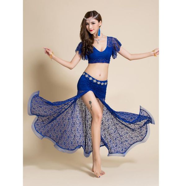 

2 pieces women belly dance costume lace long skirt outfits dancewear v-neck bellydance dancing clothes dancer wear, Black;red