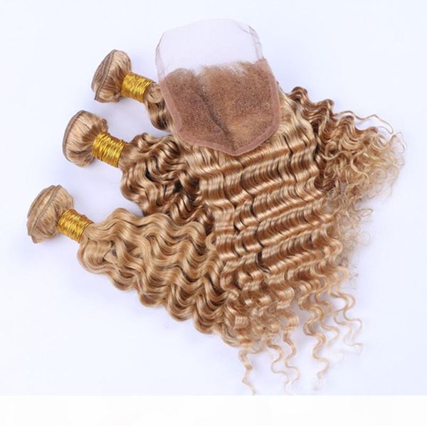 

unprocessed human honey blonde hair bundles with lace closure 4x4 middle three part indian deep wave hair extension with lace closure, Black;brown