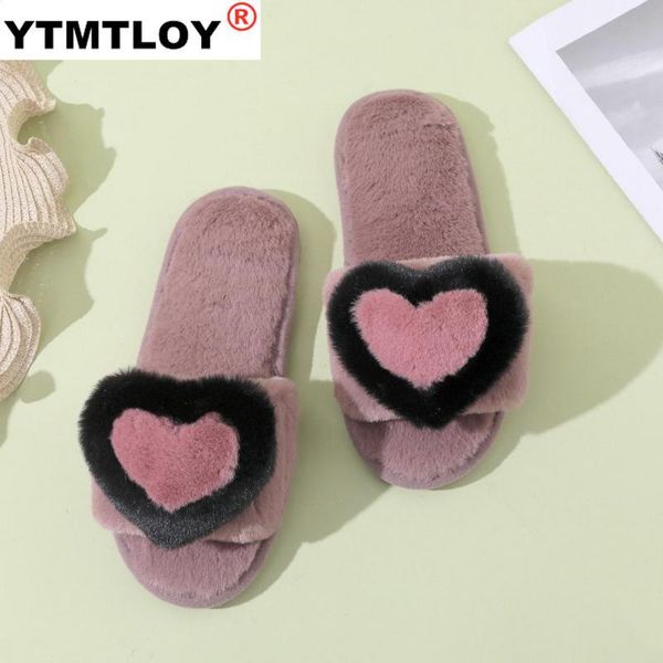

slippers women flat fur winter warm bedroom home shoes cute heart non slip fluffy velvet women indoor slippers pink grey, Black