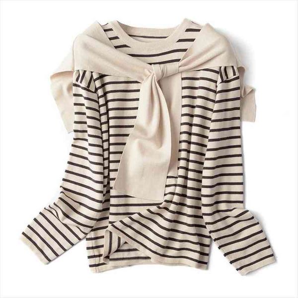 

striped women sweater young style pullovers autumn winter jumper long sleeve knitwear with cape fause 2 piece set, White;black