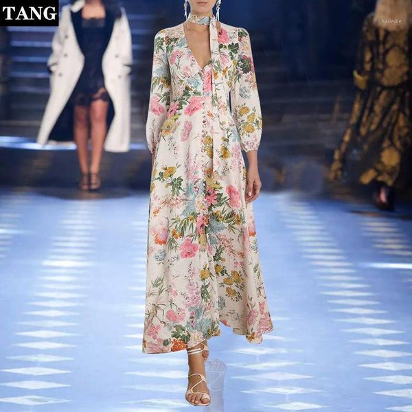 

tang 2019 summer elegant deep v-neck women dress floral print maxi dress lantern sleeve slim high waist1, Black;gray