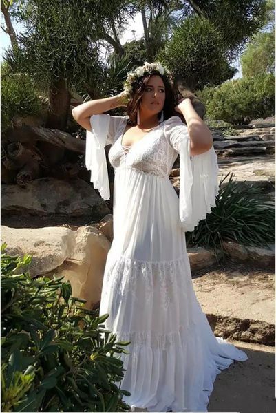 

boho beach wedding dress flare long sleeves lace a line v neck vintage princess wedding gown chiffon skirt robe de mariee, White