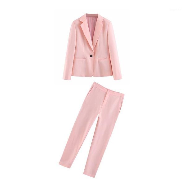 

women's two-piece solid color casual long-sleeved one button blazer + high waist straight trousers 2 piece outfits for women1, White