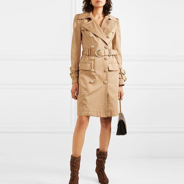 

2020 fall winter designer trench coat women's metal lion buttons double breasted slim trench overcot1, Tan;black
