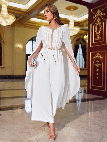 

x dr.kholoud rhinestone fringe trim belted cape jumpsuit f8rm#, White
