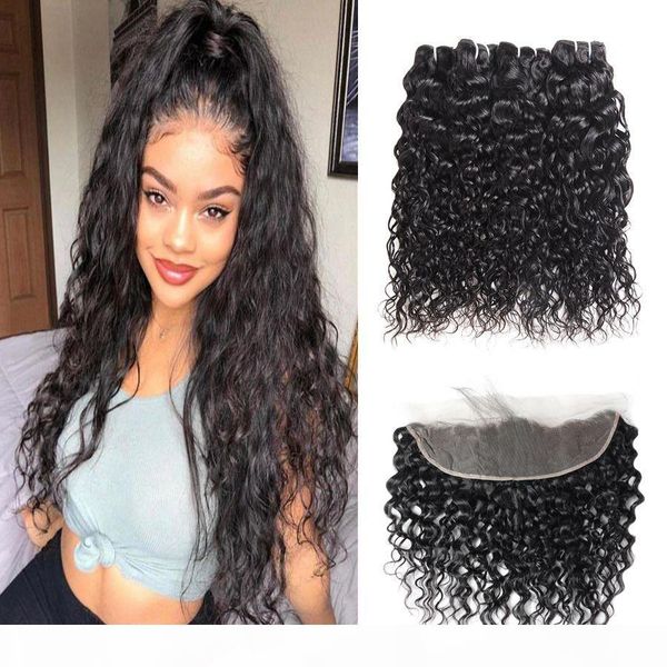 

brazilian virgin hair 13*2.5 lace frontal closure with 4 bundles body deep loose indian human hair bundles with closure water kinky curly, Black