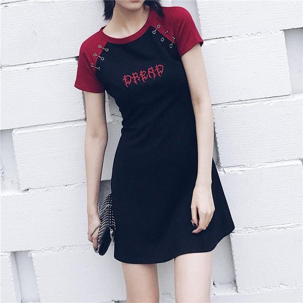 

dress women elegant raglan sleeve summer dresses casual shor sleeve black red stitching embroidery a-line dress for gothic girl1, Black;gray