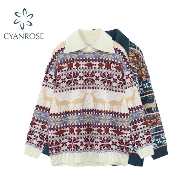 

women's sweaters sweater women vintage print knitted long sleeve pullover 2021 winter casual loose warm elegant knitwear jumpers femal, White;black