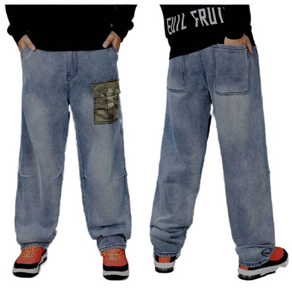 

2021 trendy camouflage patch pocket harem jeans men baggy jeans denim pants loose baggy streetwear plus size 30-46, Blue